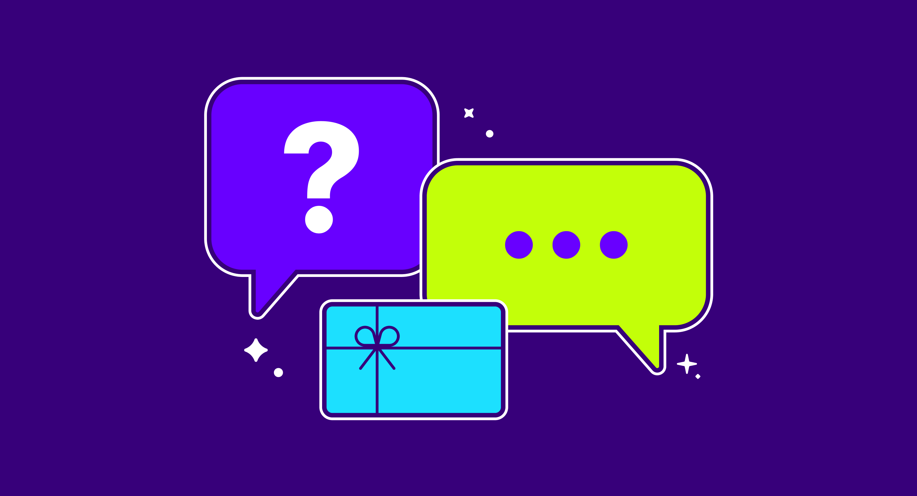 Illustration of two chat bubbles, one with a question mark and one with typing dots, above a gift card, representing incentivized survey responses or customer feedback.