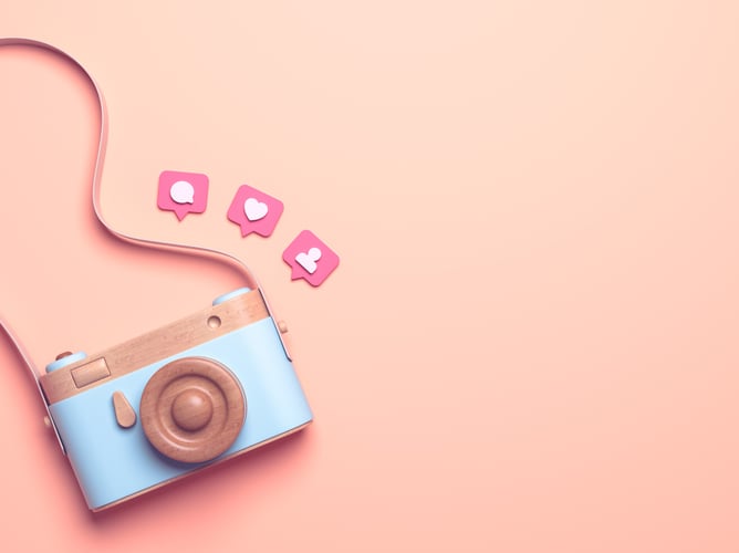 A camera with social media icons
