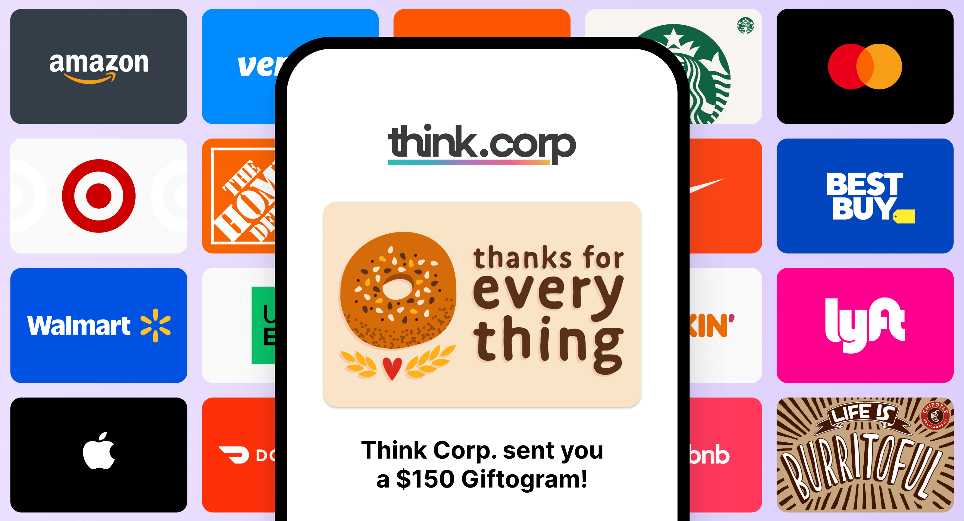 Mobile gift notification from Think Corp displayed on a smartphone, showing a ‘thanks for everything’ design and a $150 Giftogram, surrounded by popular brand gift card options.