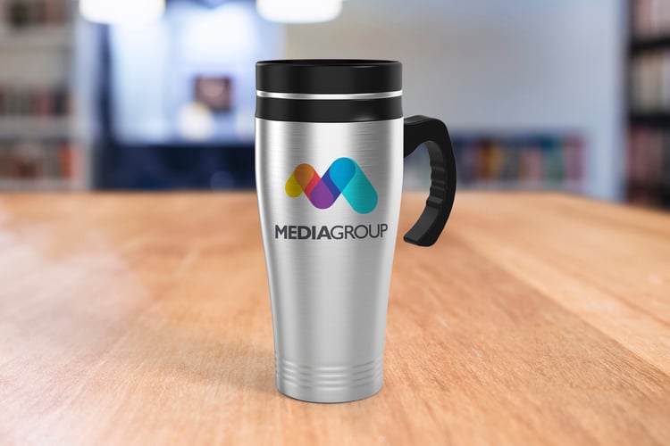 a branded trade show travel coffee mug