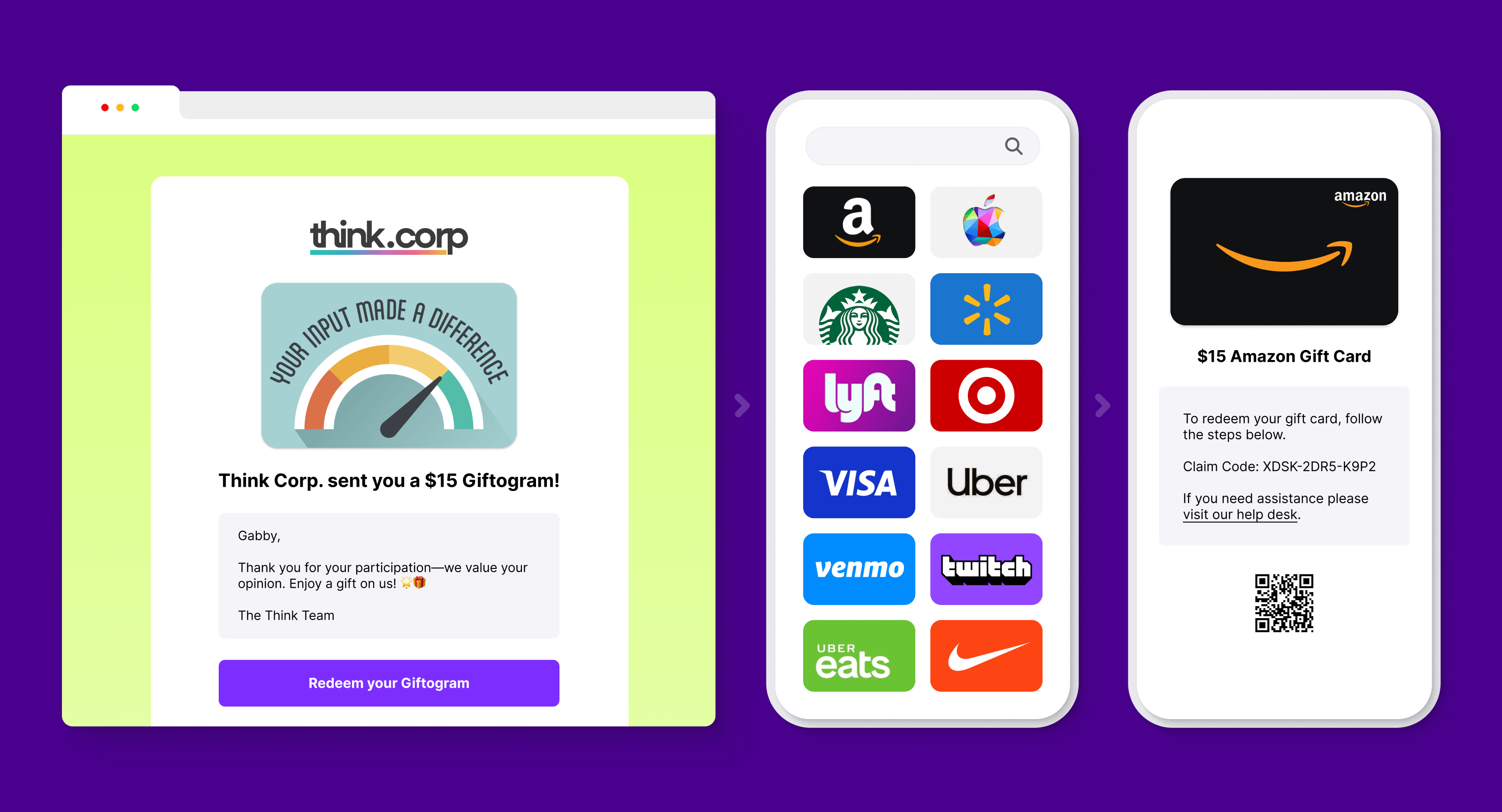 Example of a Giftogram reward: email notification, mobile selection of popular brands, and a redeemed $15 Amazon gift card with claim details.