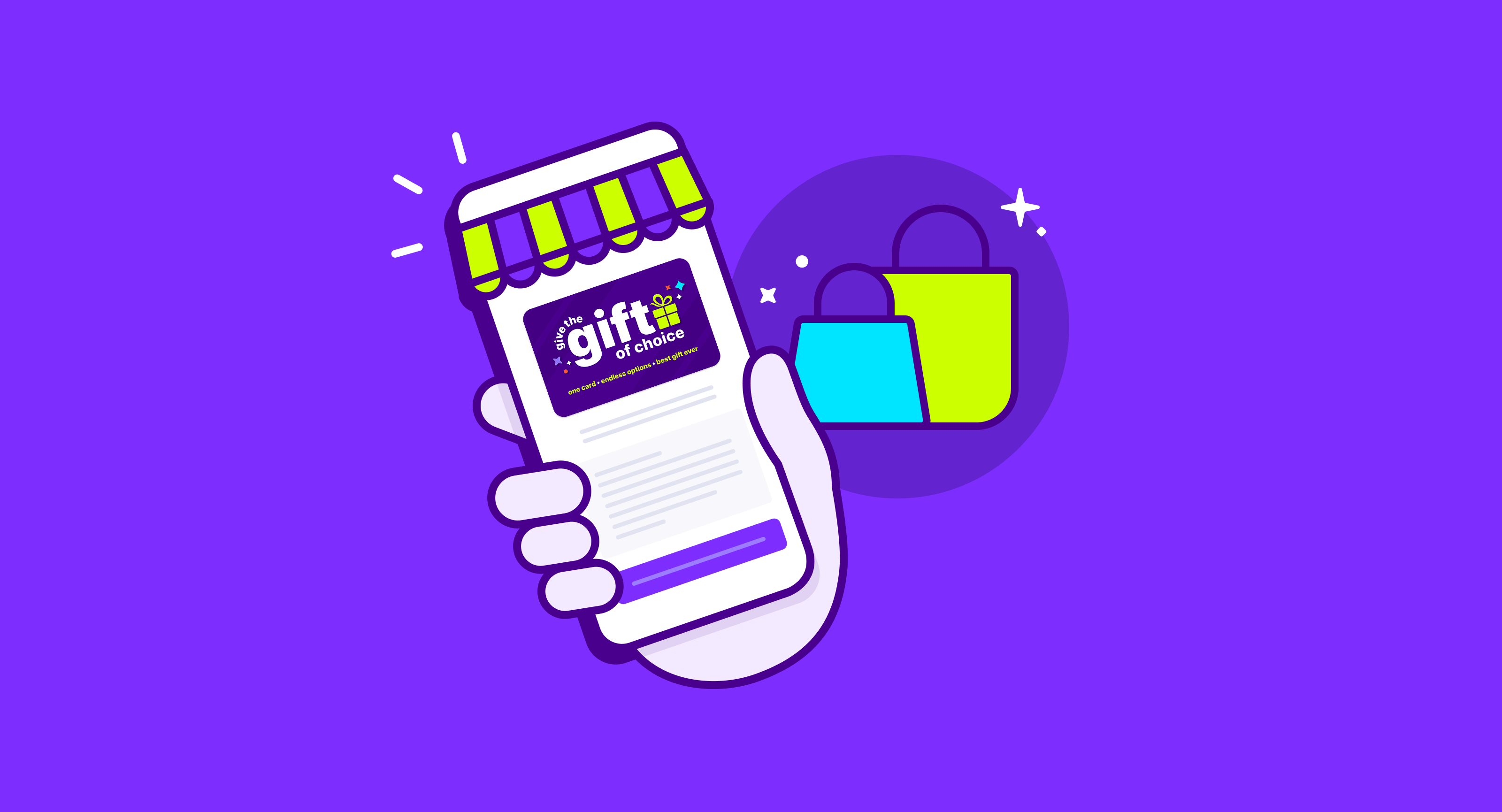 Illustration of a digital gift card on a smartphone with shopping bags, representing how recipients can choose from multiple gift card brands online.