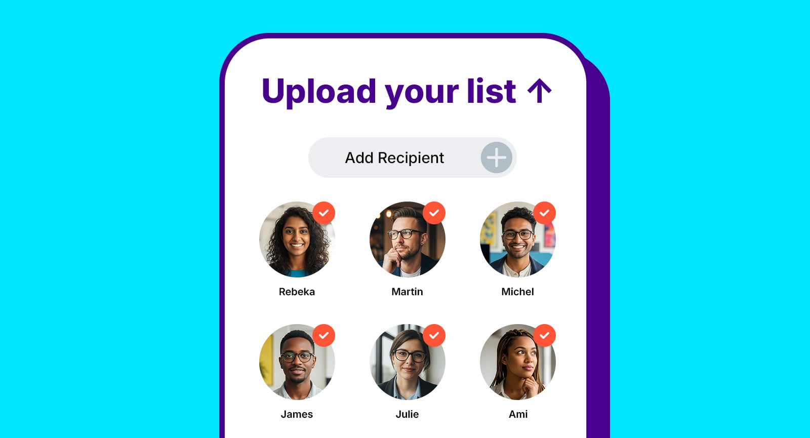 Giftogram mobile screen showing 'Upload your list' with six recipient profiles for easy bulk gift card sending.