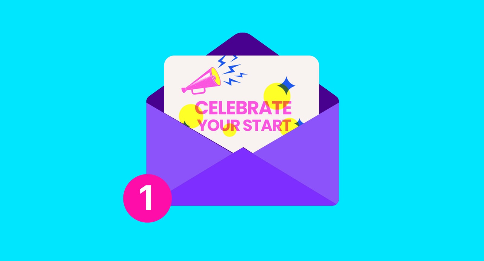 Purple envelope with a "CELEBRATE YOUR START" card & megaphone. A red '1' notification, ideal for new hire recognition.