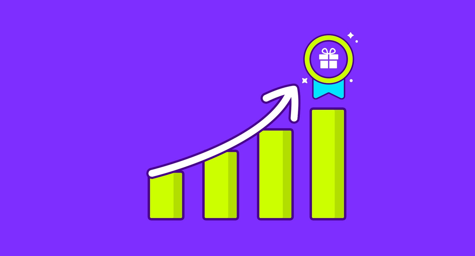 Bar graph with an upward arrow pointing to a reward badge with a gift box icon, symbolizing growth and incentives.