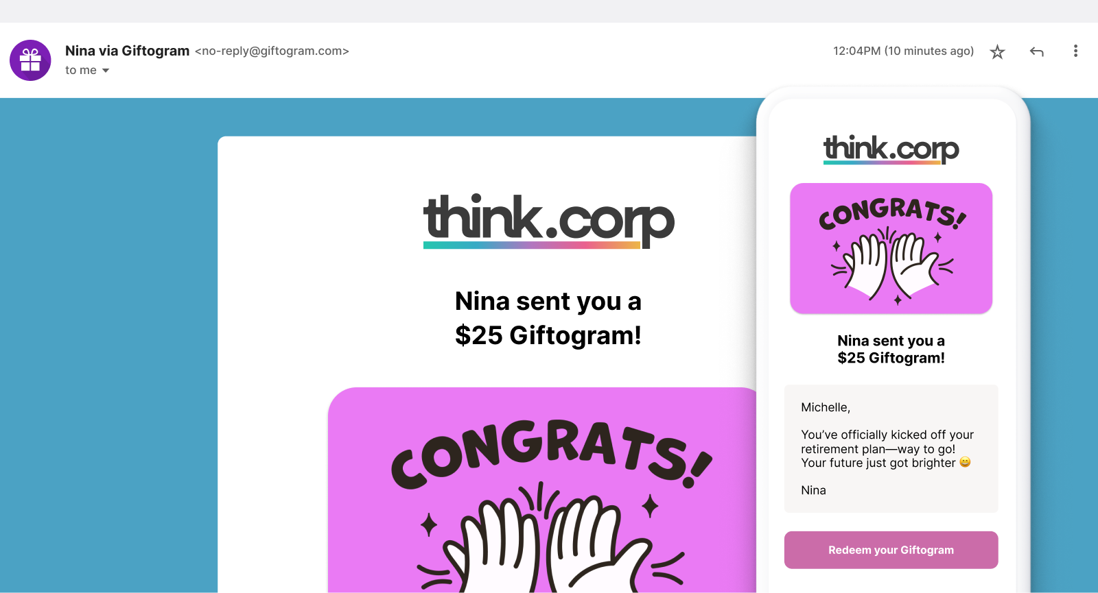 Desktop and mobile views of a Giftogram email from Nina via think.corp, congratulating recipient on retirement.