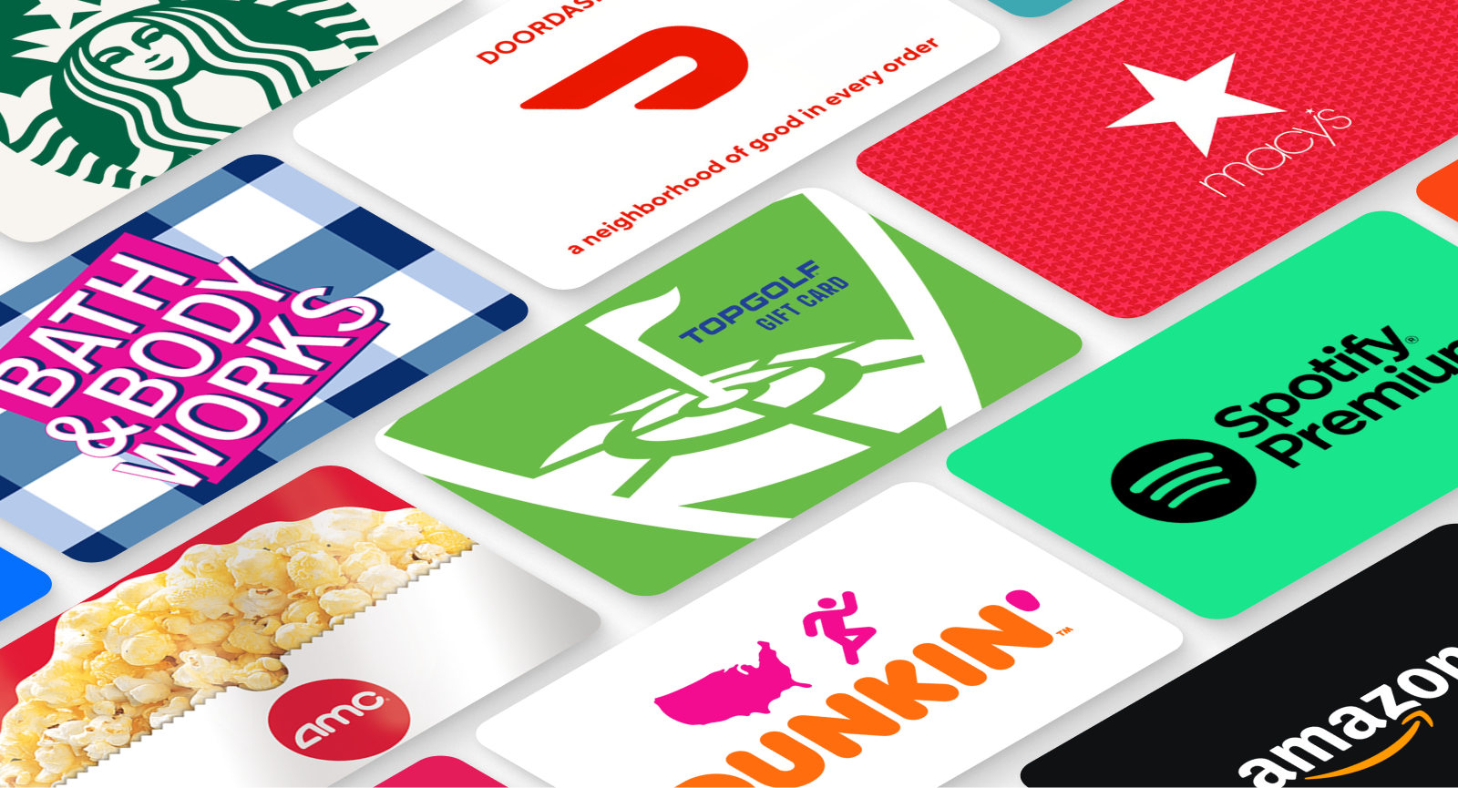 Diverse array of gift cards from popular brands like Starbucks, DoorDash, Macy's, and Amazon, available on Giftogram.