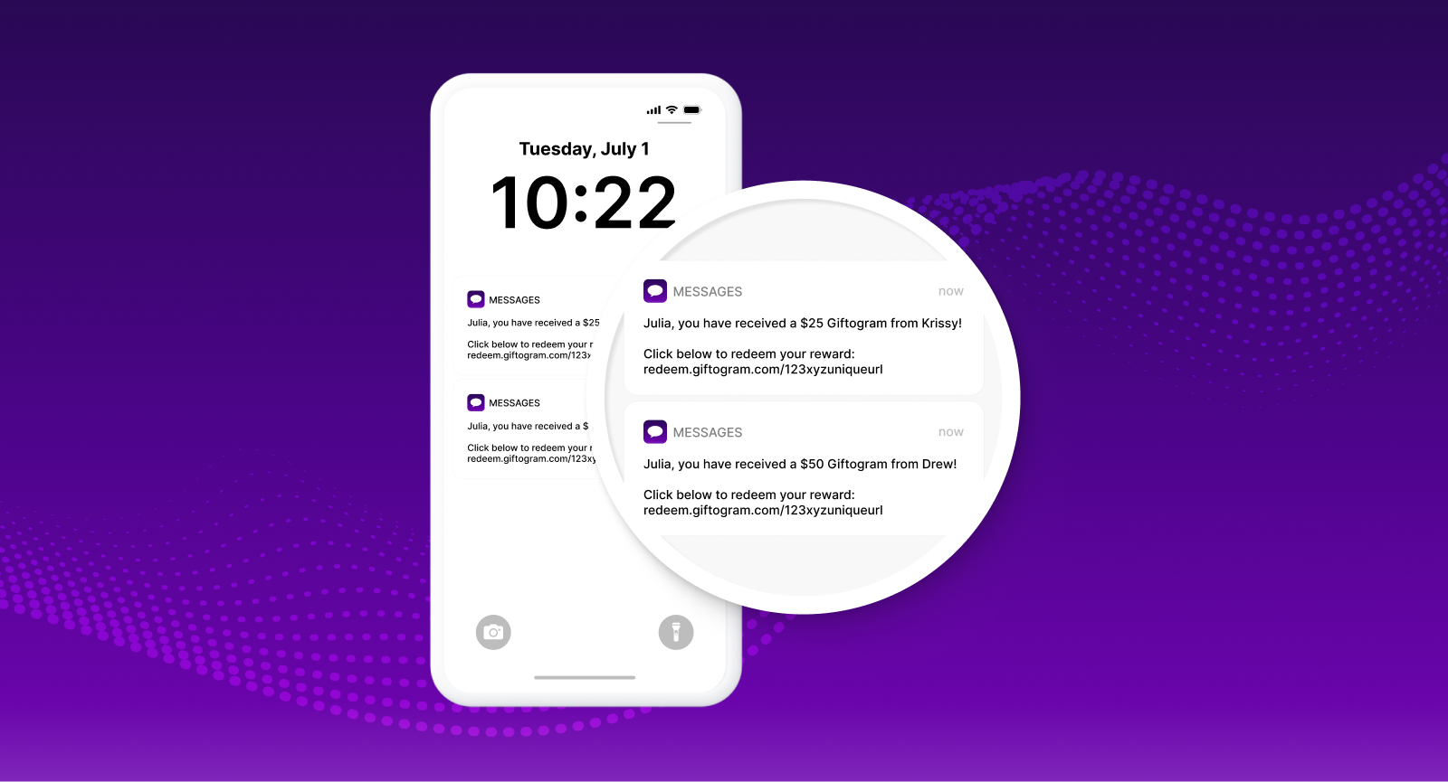 Smartphone lock screen displaying Giftogram reward notifications for $25 and $50 sent to Julia.