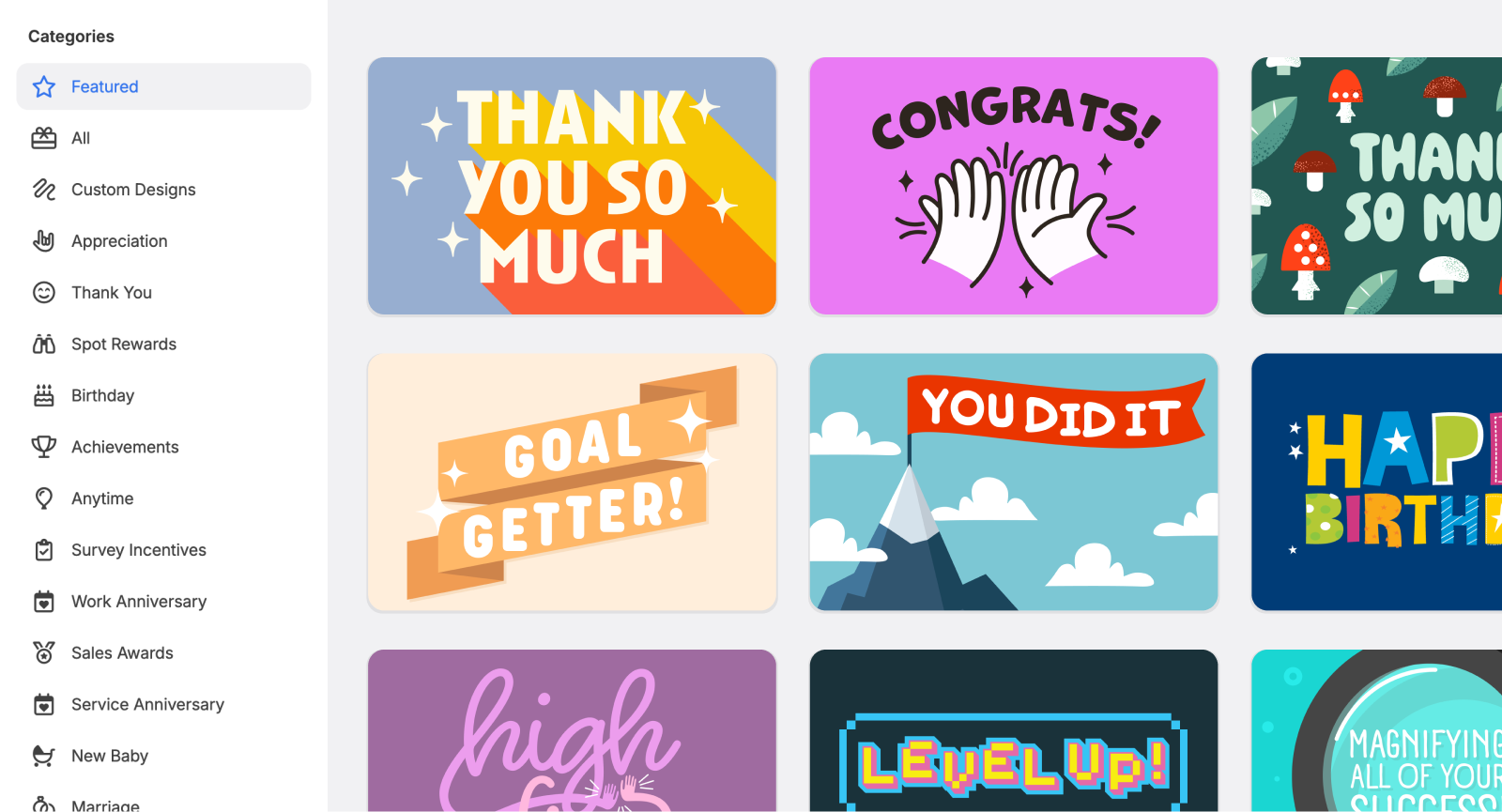 Giftogram's gift card design selection with categories like Appreciation, Birthday, and Spot Rewards. Designs include 'Thank You So Much' and 'You Did It'.