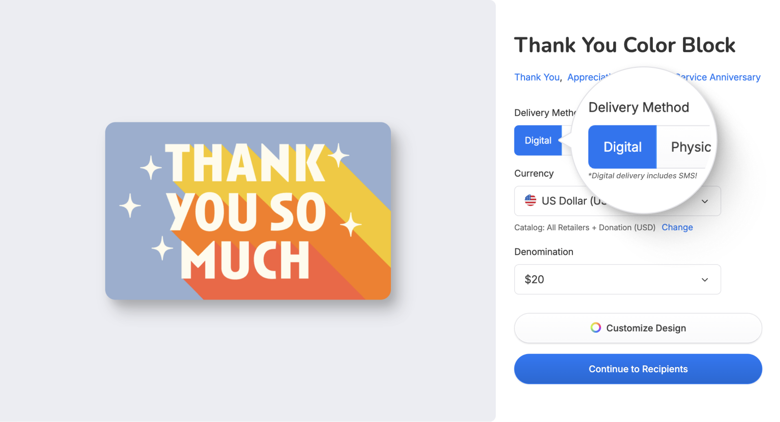 Giftogram's 'Thank You Color Block' gift card design and customization options, highlighting Digital delivery method.