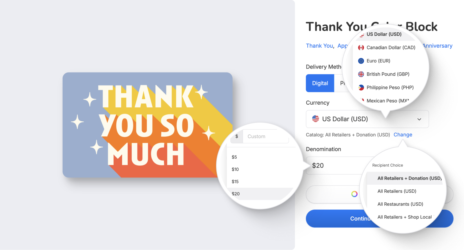 Giftogram's 'Thank You' gift block interface, featuring a 'THANK YOU SO MUCH' card design and customization for currency, value, and recipient options.