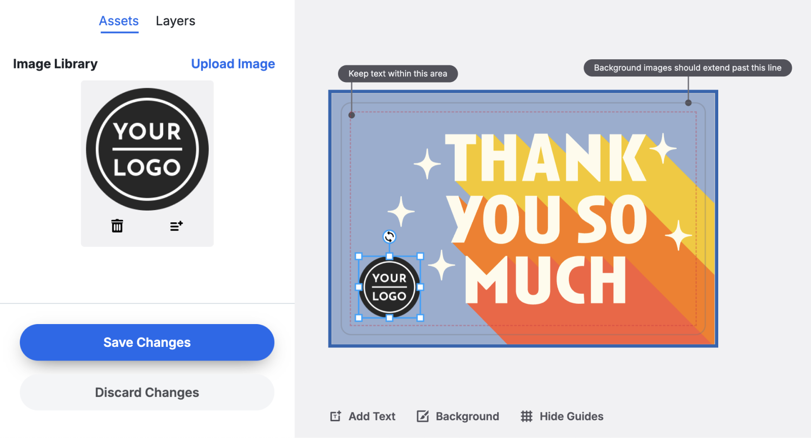 Giftogram UI to customize a gift card: "Thank You So Much" design with a selected logo placeholder and asset library.