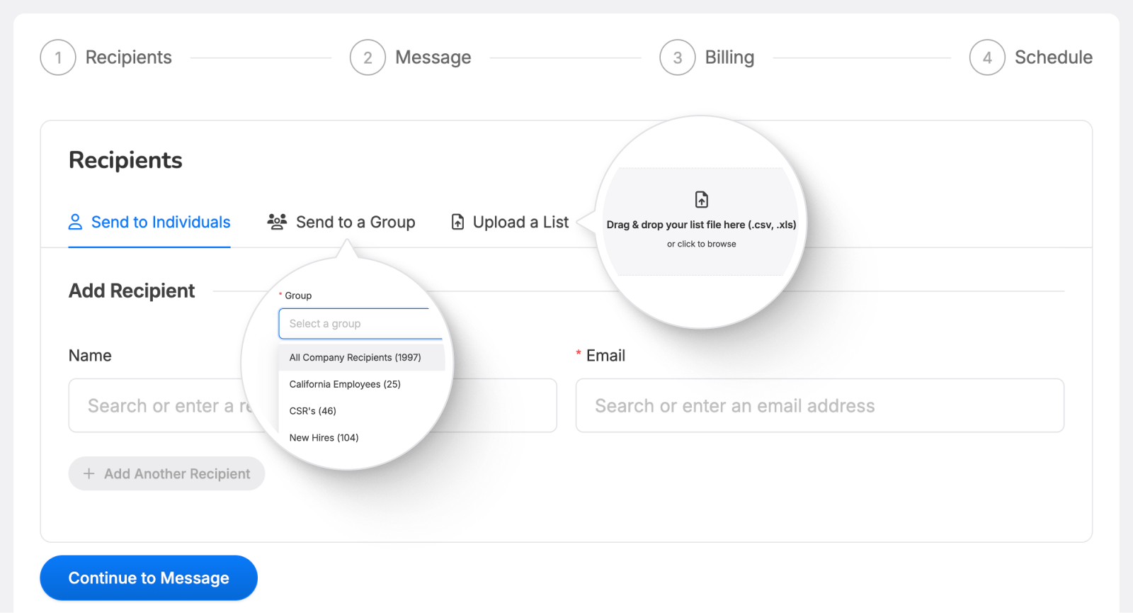 Giftogram's Recipient step. Users can add individuals, choose from employee groups like 'New Hires', or upload recipient lists via CSV/XLS.