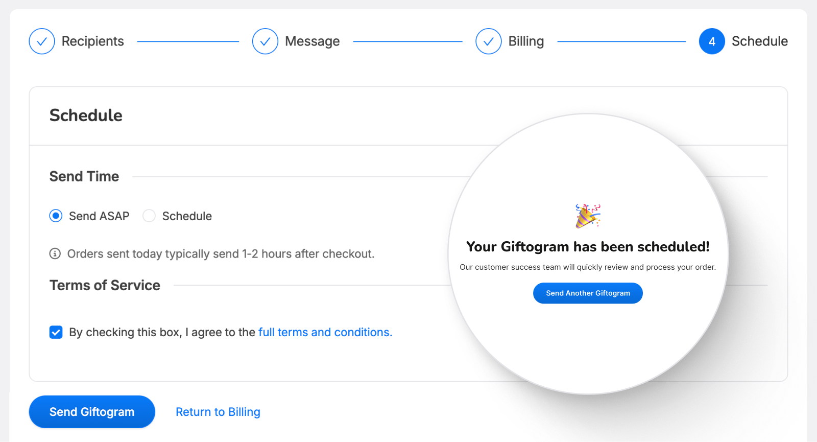 Giftogram "Schedule" page showing Send Time options, Terms of Service, and a pop-up confirming "Your Giftogram has been scheduled!"
