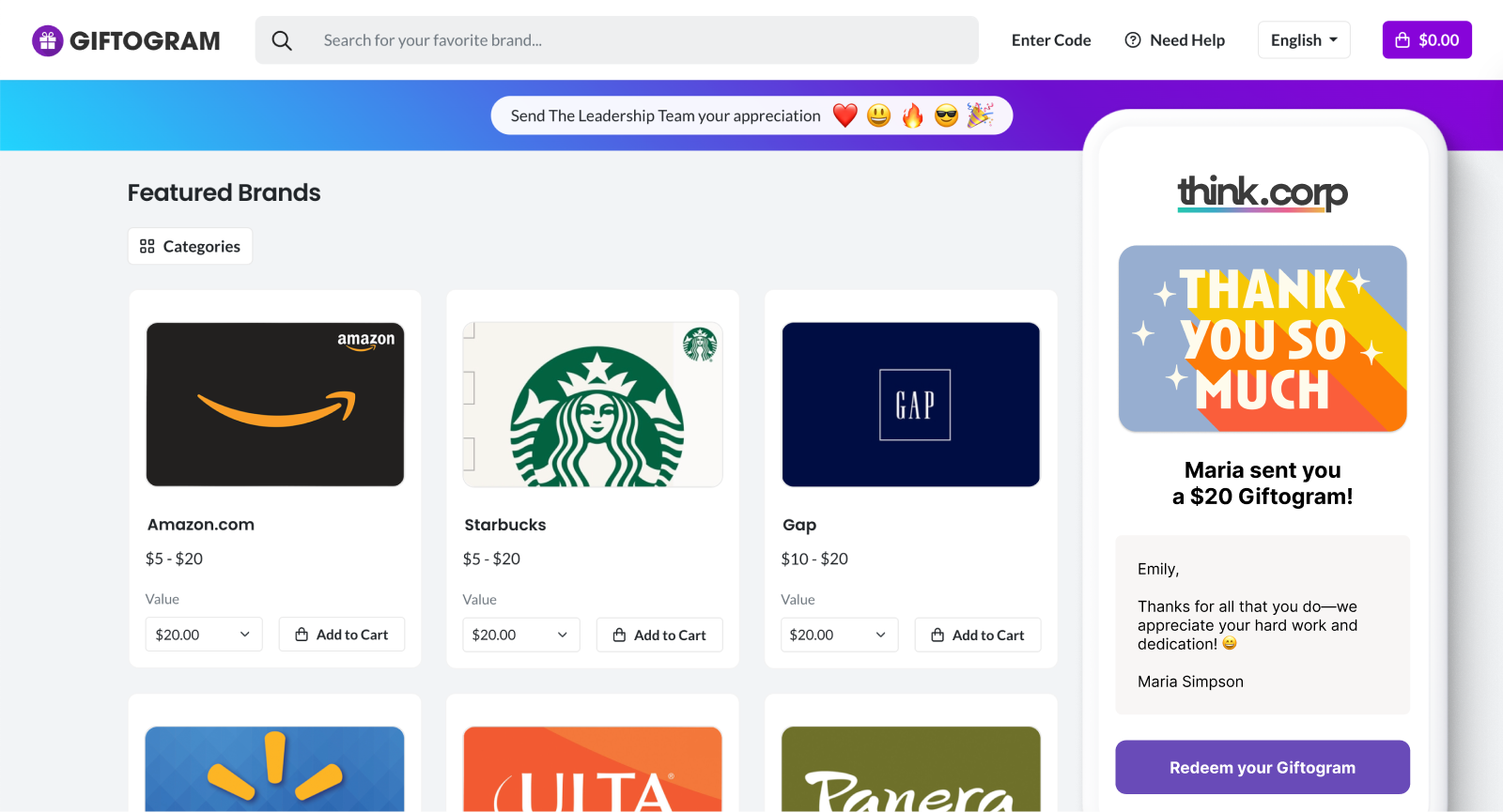 Giftogram platform showing diverse gift card options. A smartphone screen displays a received 'Thank You So Much' Giftogram for recognition.