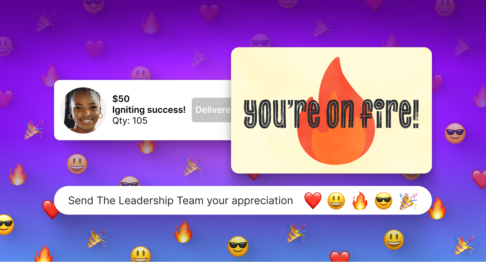 Giftogram interface showing a $50 "Igniting success!" gift card for 105 recipients, with a "You're on fire!" message, ready to send appreciation.