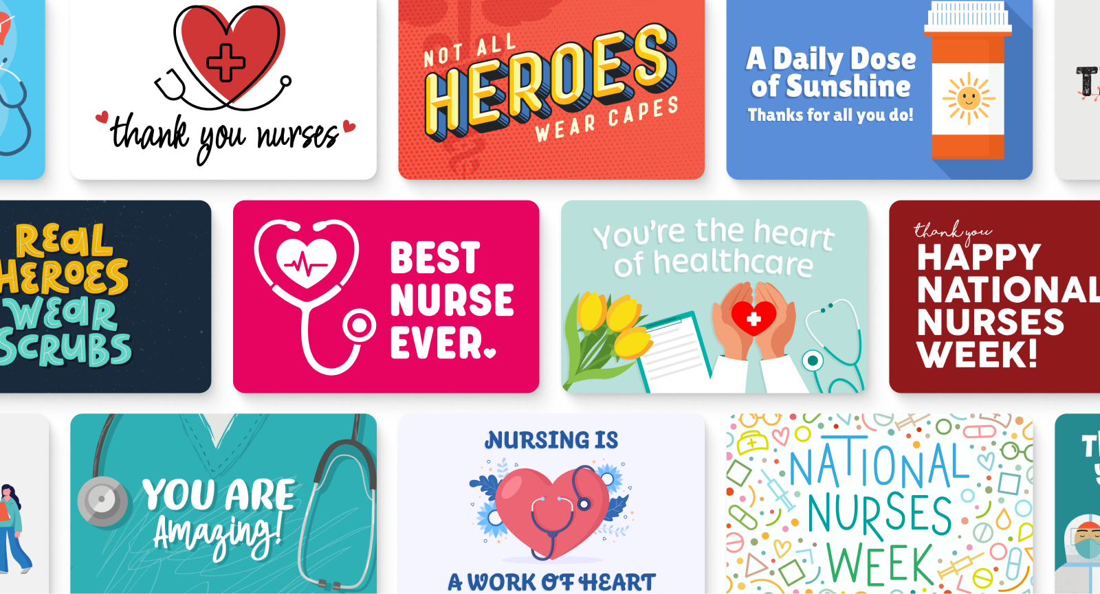 Grid of Giftogram nurse appreciation gift card designs featuring stethoscopes, hearts, and thank you messages.