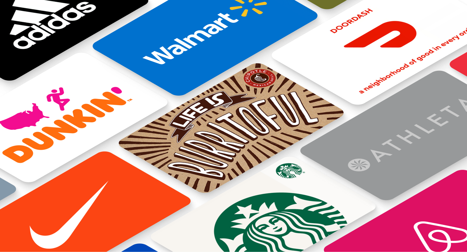 Various gift cards from popular brands like Adidas, Walmart, Nike, Starbucks, Chipotle, and DoorDash, showing Giftogram's wide selection.