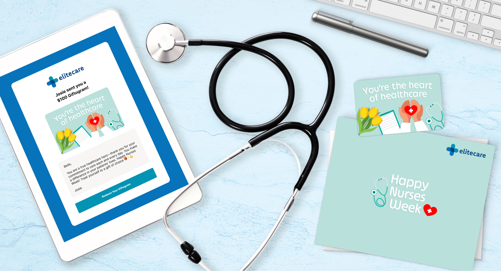 Tablet displays a $100 Giftogram email for Nurses Week, next to a stethoscope and Elitecare appreciation cards.