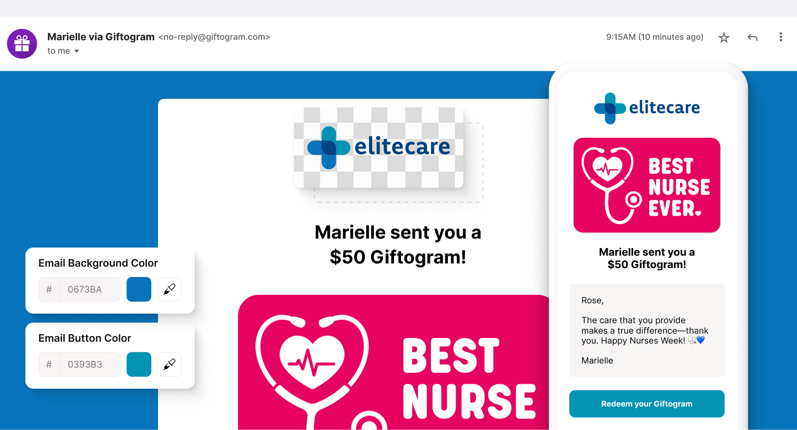 Giftogram platform showing email customization. A "Best Nurse Ever" gift card email is previewed on desktop and mobile to improve recognition.