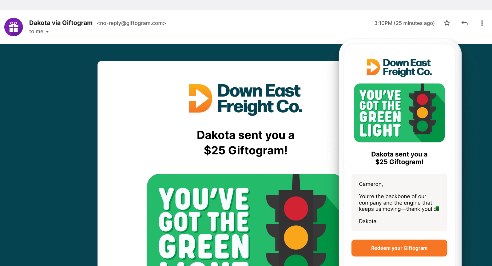 Giftogram email with "You've Got The Green Light" design, alongside a phone showing the same $25 Giftogram, appreciating Cameron's work.