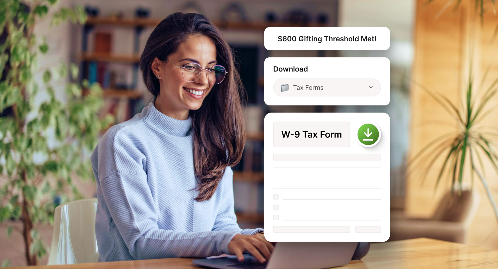 Smiling woman using laptop, viewing Giftogram screen showing $600 gifting threshold met and W-9 tax form for compliance.