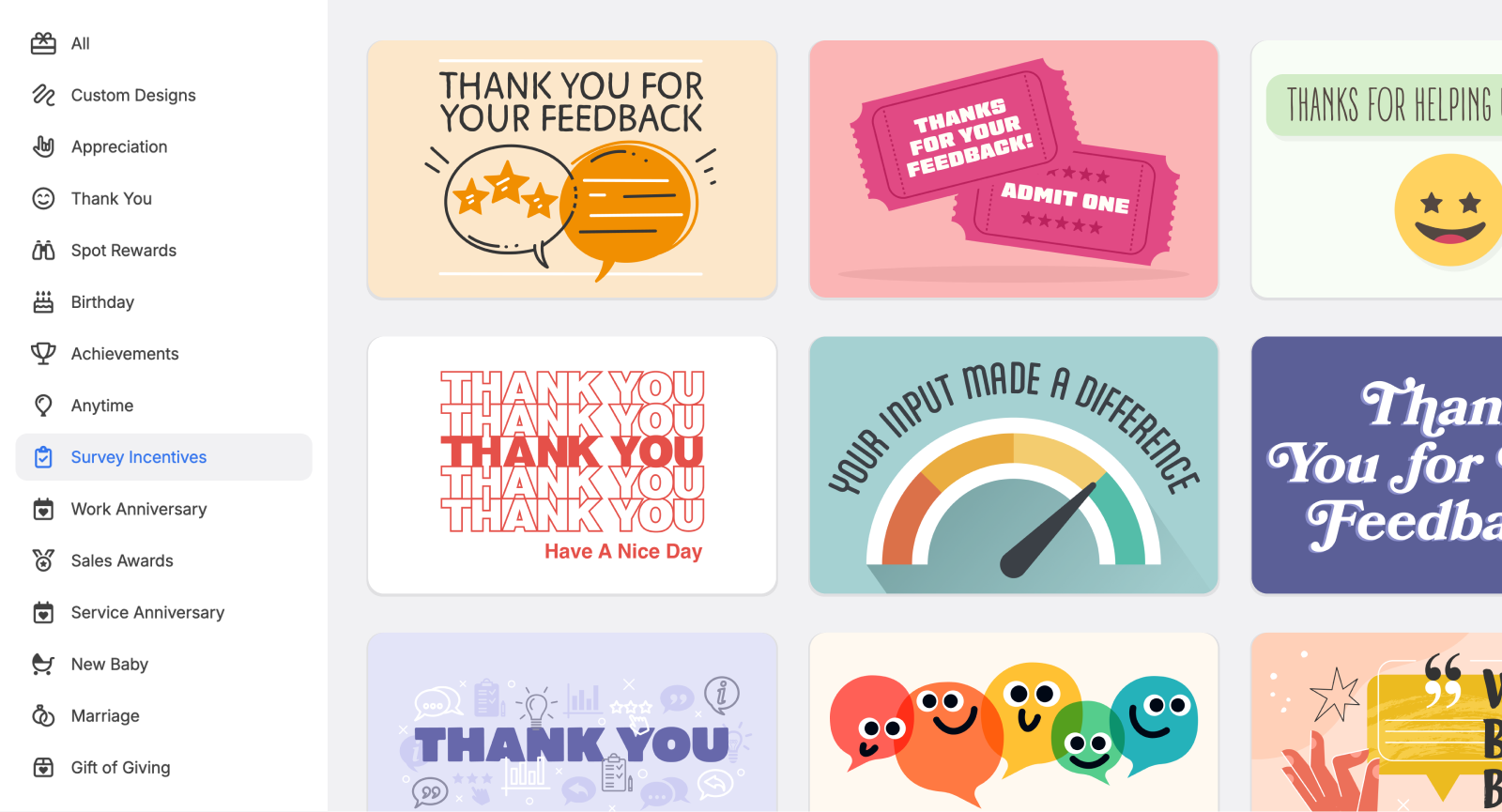 Giftogram designs for Survey Incentives, featuring cards like 'Thank You For Your Feedback' with stars, speech bubbles, and gauges.