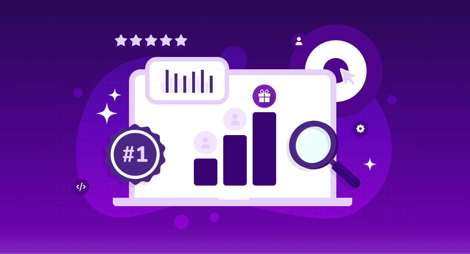 Laptop displaying growth charts, gift box, #1 badge, and 5 stars, highlighting Giftogram's superior recognition.
