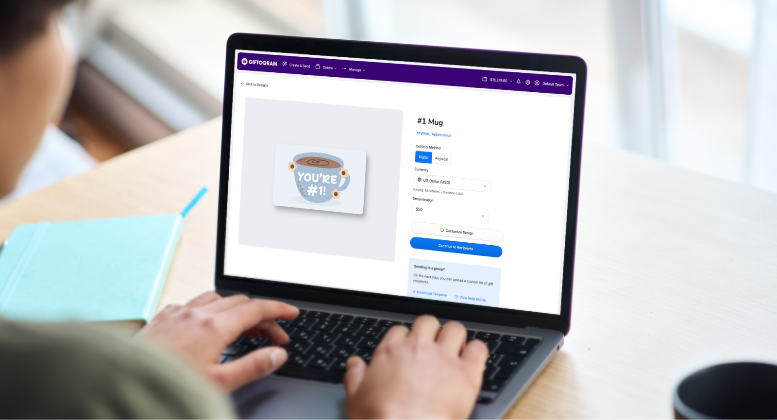 A person using the Giftogram platform on a laptop, selecting a "You're #1!" mug gift to show appreciation.
