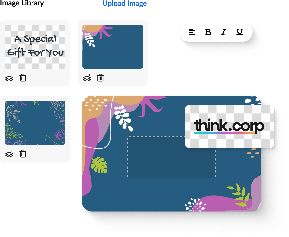 Image library showing gift card designs and a large blue template being customized with a 'think.corp' logo for branding.