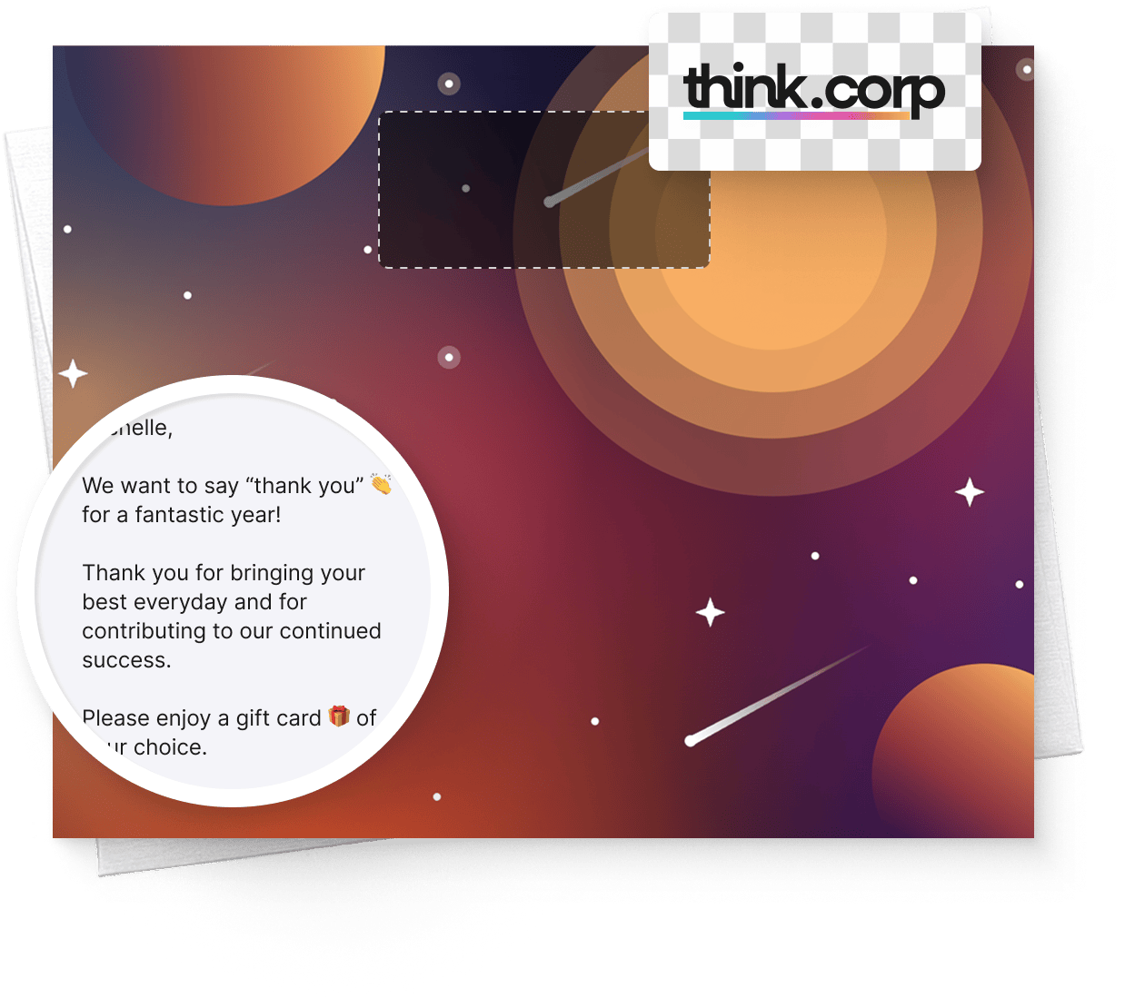 Customizable digital gift card with cosmic design and 'think.corp' logo, thanking employees for their contributions and success.
