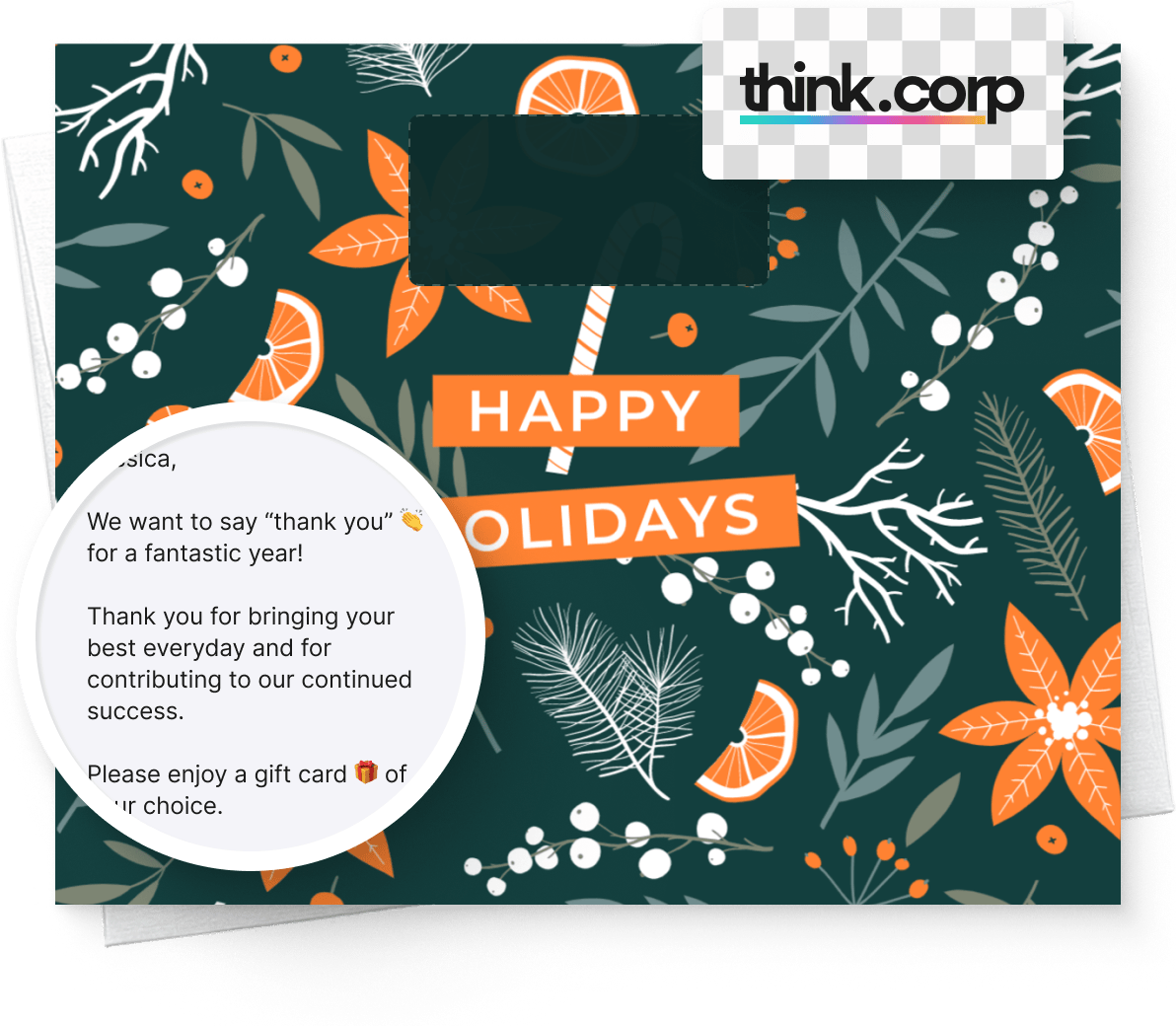 A Giftogram holiday card, featuring 'HAPPY HOLIDAYS' text, festive patterns, and a thank-you message, showing employee appreciation.