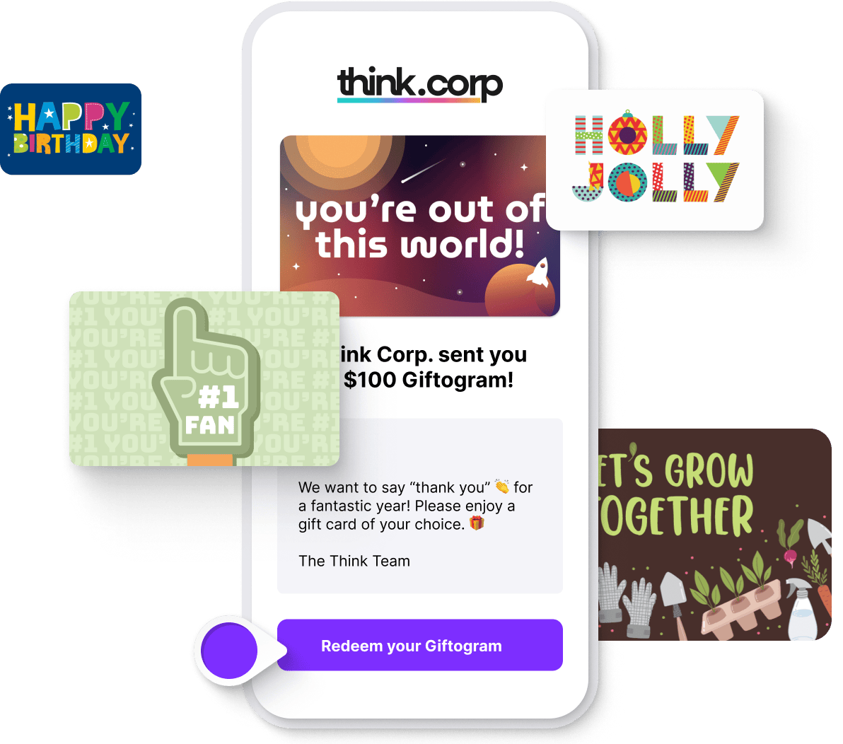 A mobile phone shows a customizable Giftogram email with a 'thank you' message, surrounded by diverse gift card designs.