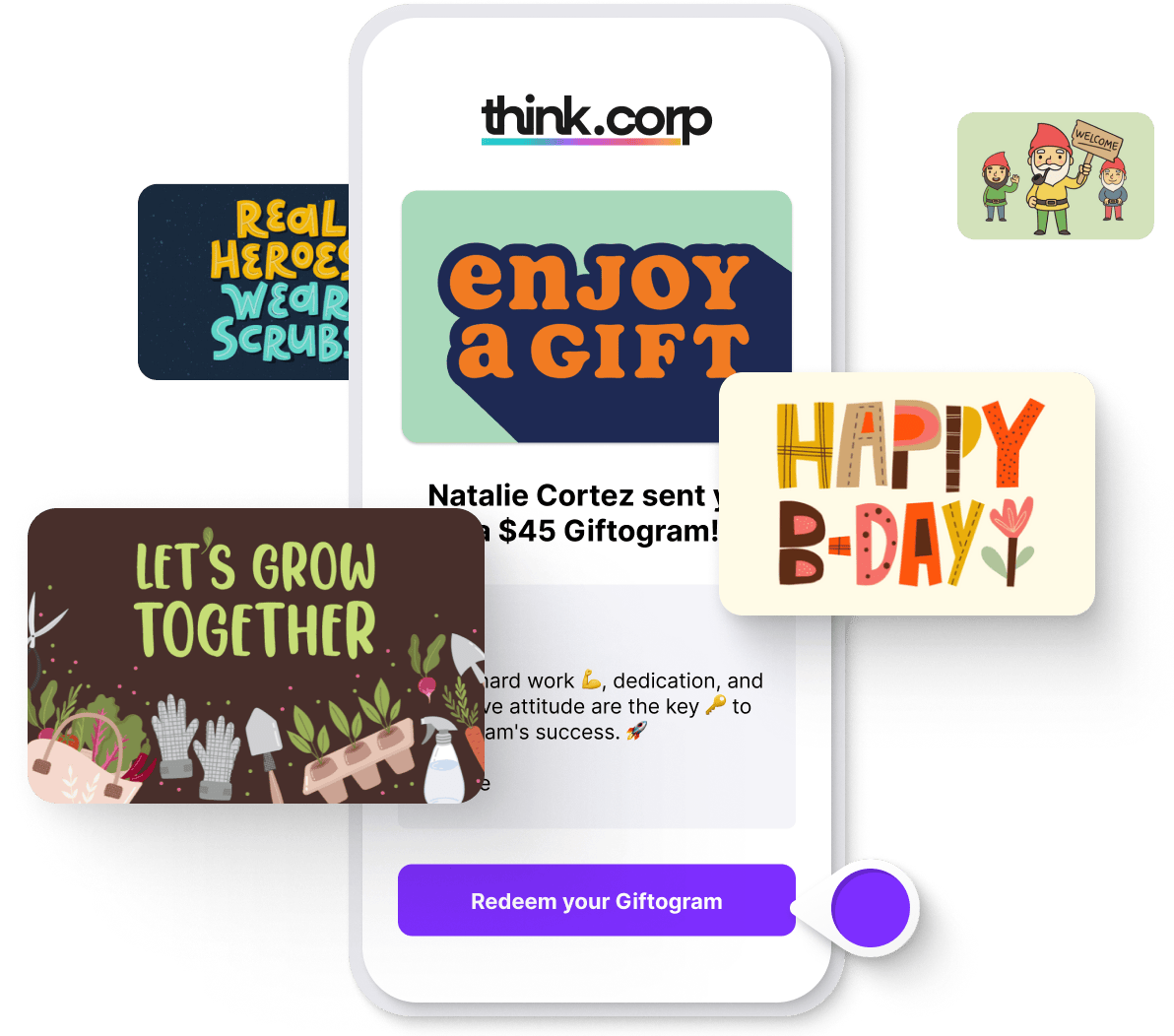 Smartphone showing a Giftogram email, surrounded by various custom digital gift card designs for employee recognition, milestones, and onboarding.