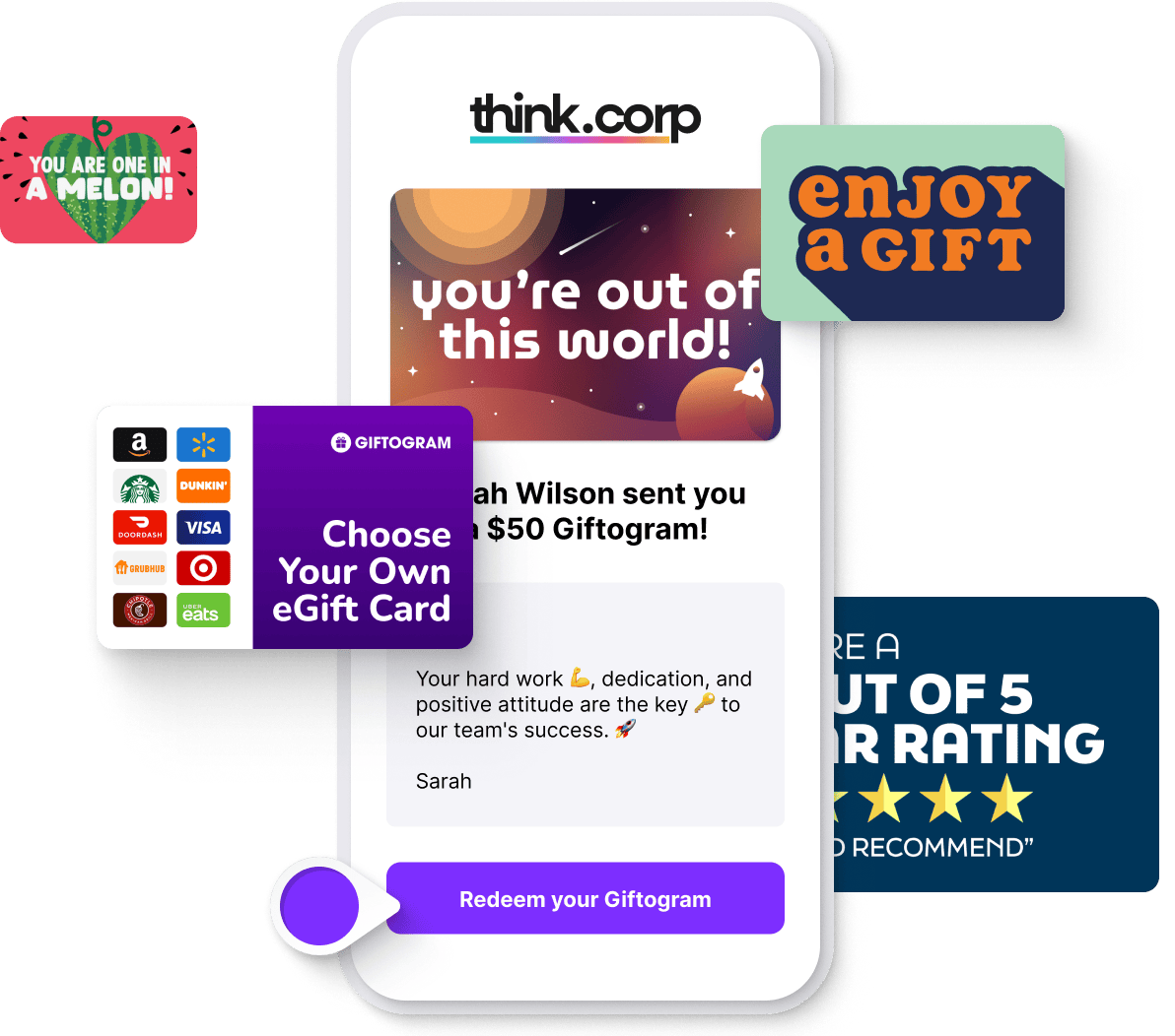 Giftogram email on a phone screen, featuring customizable designs like 
