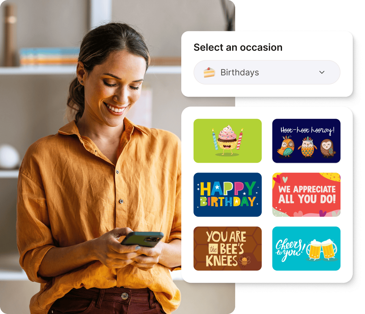 Smiling woman selecting a Giftogram design on her phone to show appreciation or celebrate a team member's birthday.