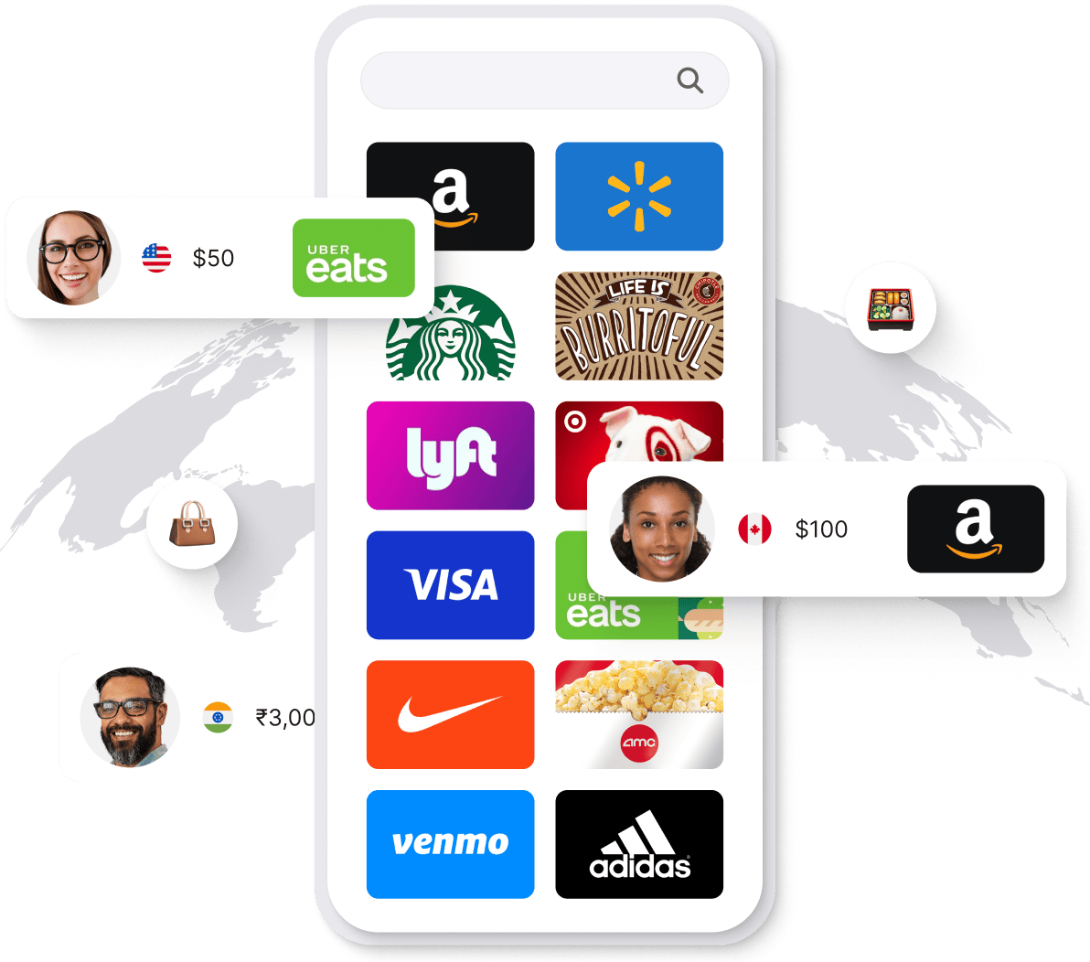 Phone shows diverse gift cards like Amazon, Uber Eats. People globally receive cards for B2B recognition.