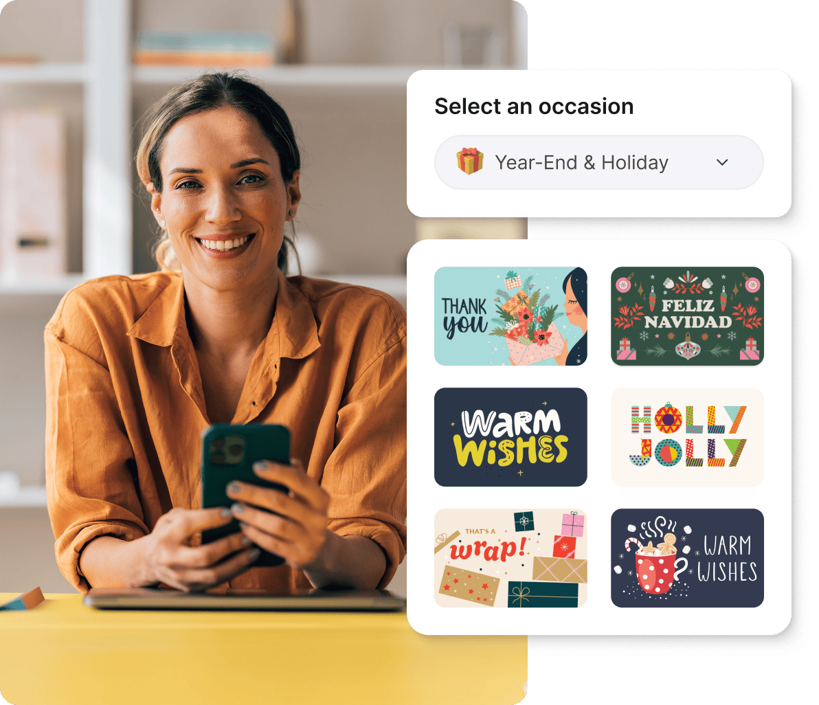 Smiling woman holds phone, easily selecting holiday gift card designs on Giftogram to show employee appreciation.