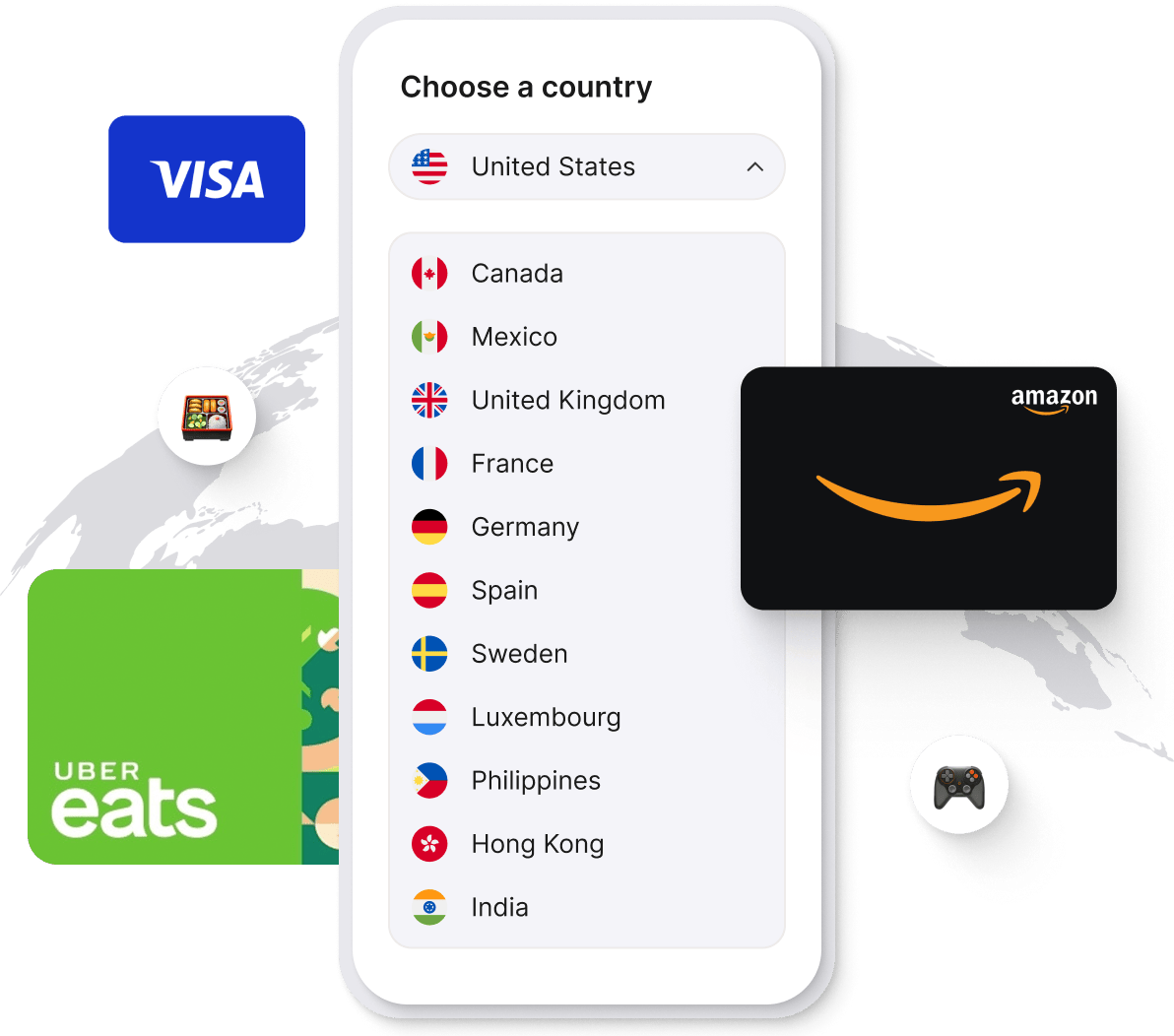 Mobile screen showing 'Choose a country' for global gifting. Logos of Visa, Amazon, Uber Eats, food, and gaming illustrate diverse gift card options.