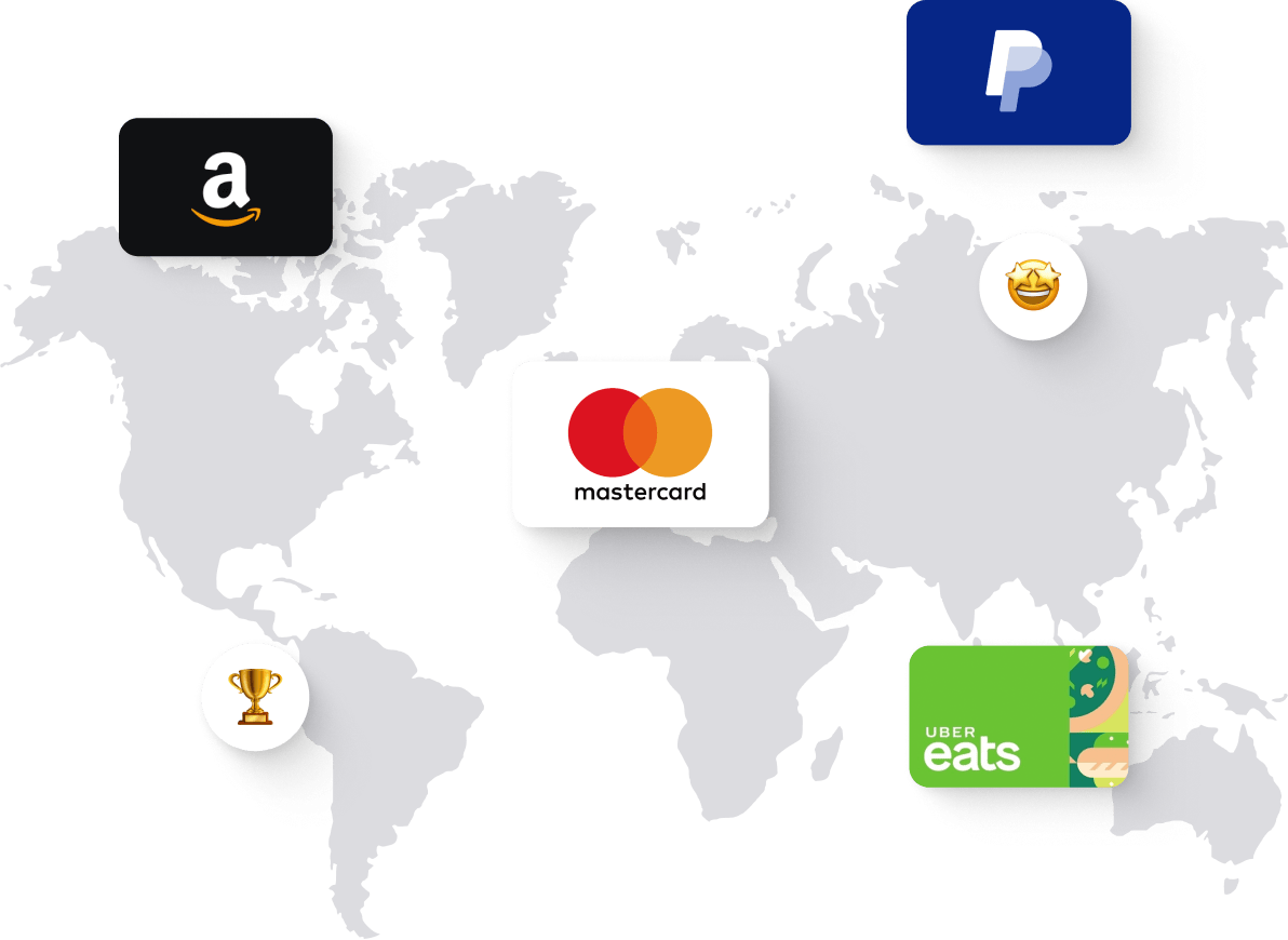 World map with Amazon, Mastercard, PayPal, Uber Eats logos, and reward icons, showing Giftogram's global gift card options.