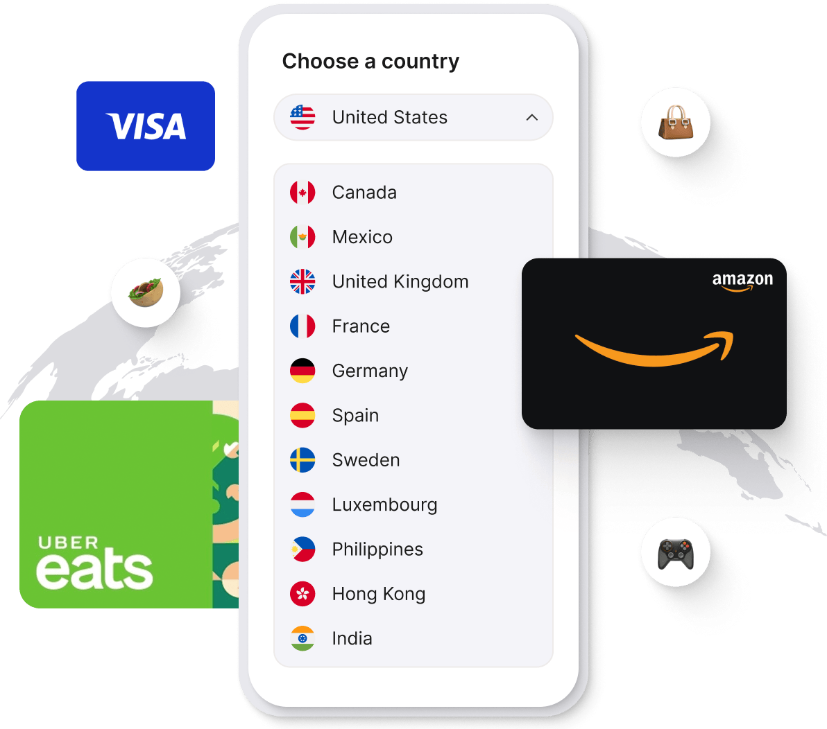 Giftogram mobile interface displaying country selection for gift cards, featuring Visa, Uber Eats, and Amazon options.