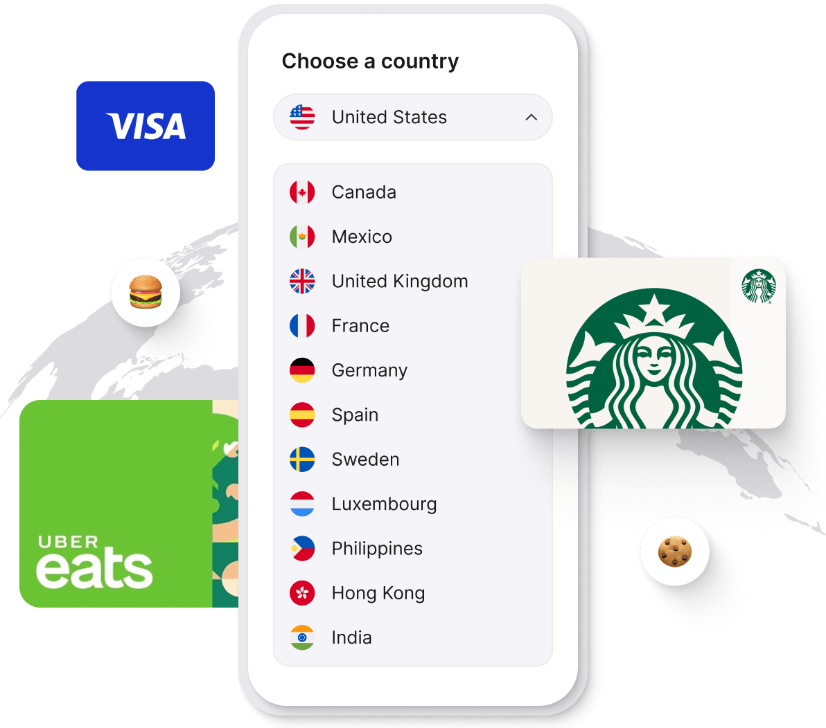 Giftogram gift card setup: Email delivery and currency selection, with dropdown showing US Dollar, CAD, Euro, GBP, and PHP options.