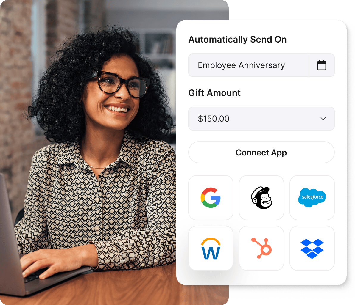 Smiling woman using Giftogram to automate employee anniversary gifts for $150 and connect integrations like Salesforce and Google.