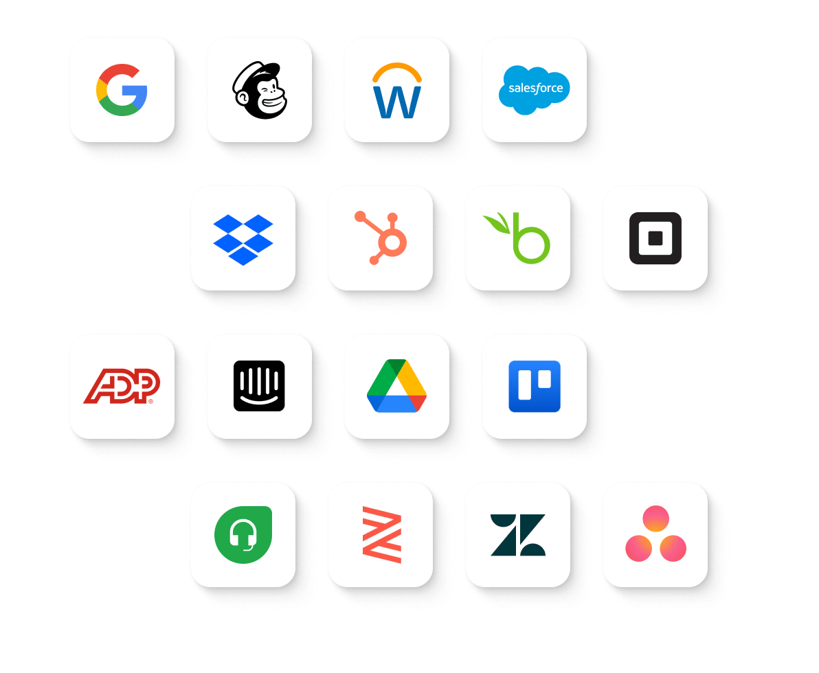 Logos of popular business software integrations: Google, Mailchimp, Salesforce, Dropbox, HubSpot, ADP, Trello, Zapier, Asana, and others.