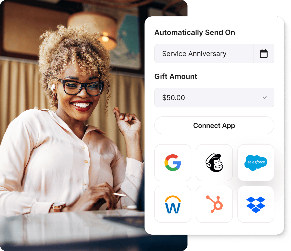 Smiling woman using Giftogram to automate service anniversary gifts, integrating with apps like Salesforce to improve recognition.