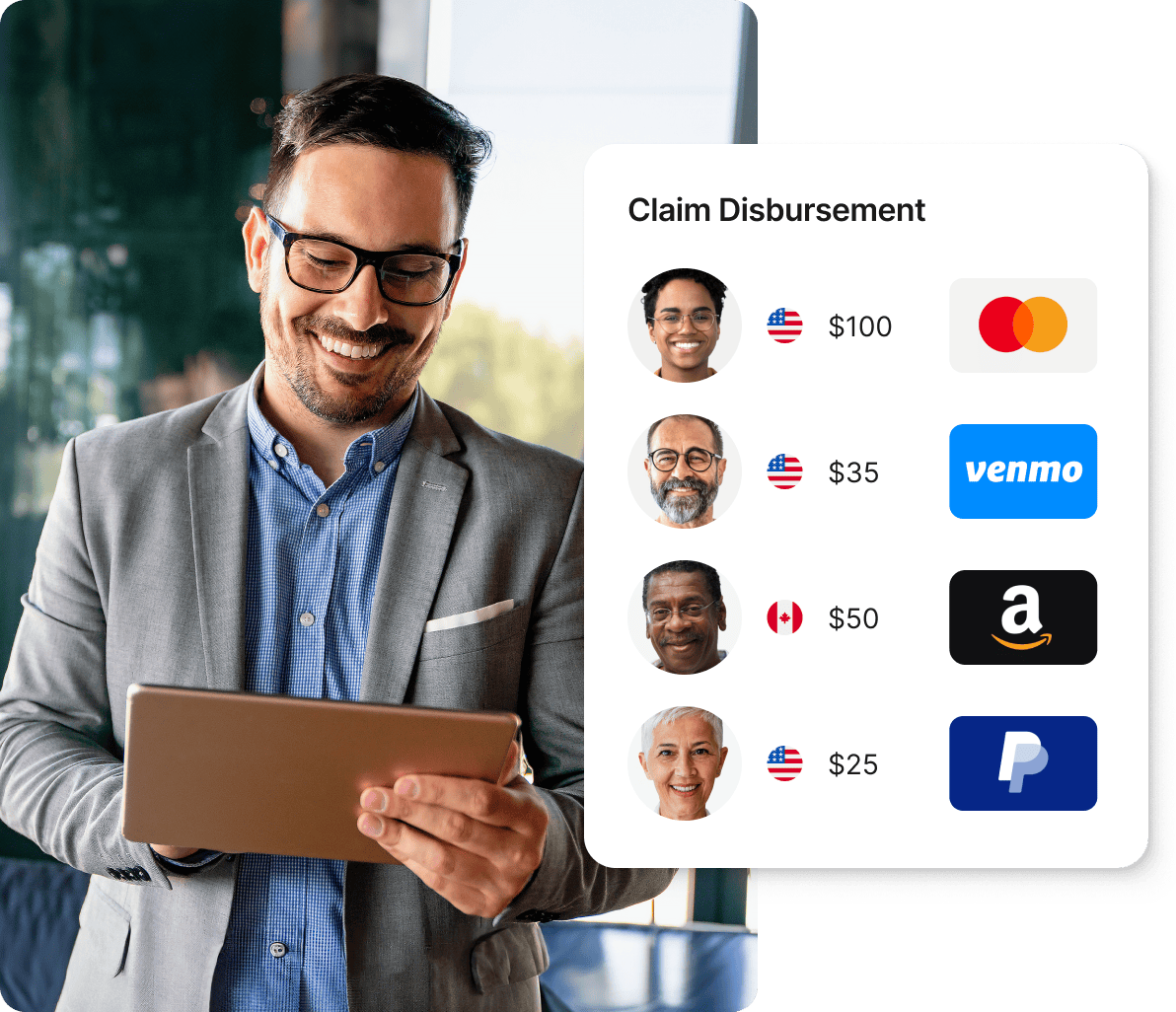 Smiling executive with a tablet, managing Giftogram's flexible claim disbursements to incentivize and reward.