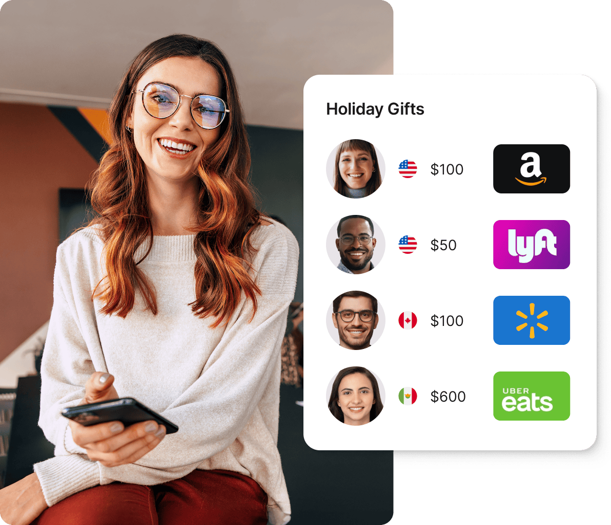 Smiling woman holding phone, alongside Giftogram screen showing holiday gift options for employee appreciation.