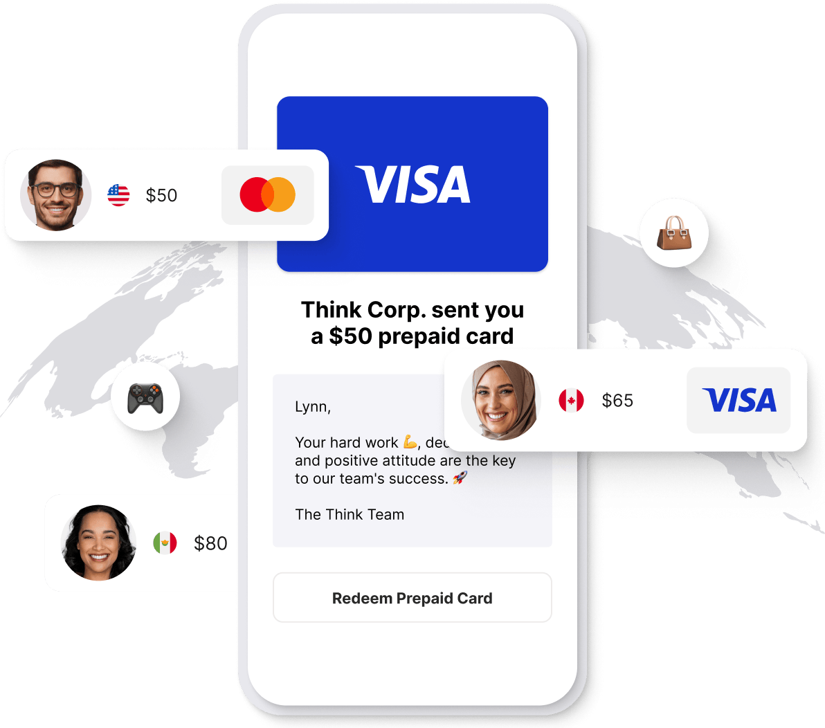 Giftogram screen showing a prepaid card recognizing an employee for her hard work. Diverse global gift card options hover.