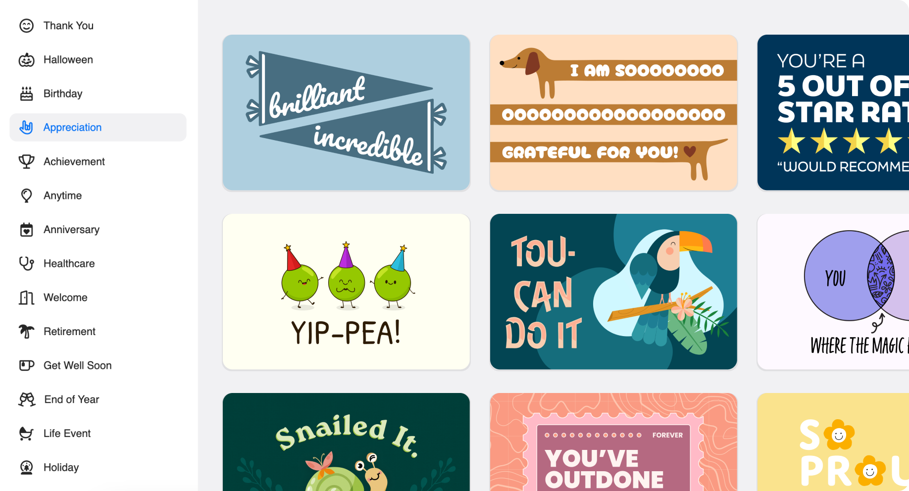 A grid of diverse, colorful Giftogram gift card designs for appreciation, featuring puns, positive feedback, and encouraging messages.