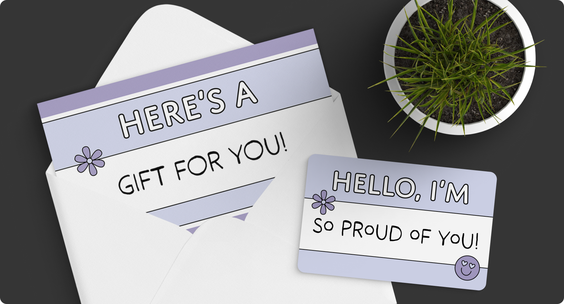 Two purple Giftogram cards: one emerging from an envelope says "HERE'S A GIFT FOR YOU!", another says "HELLO, I'M SO PROUD OF YOU!".